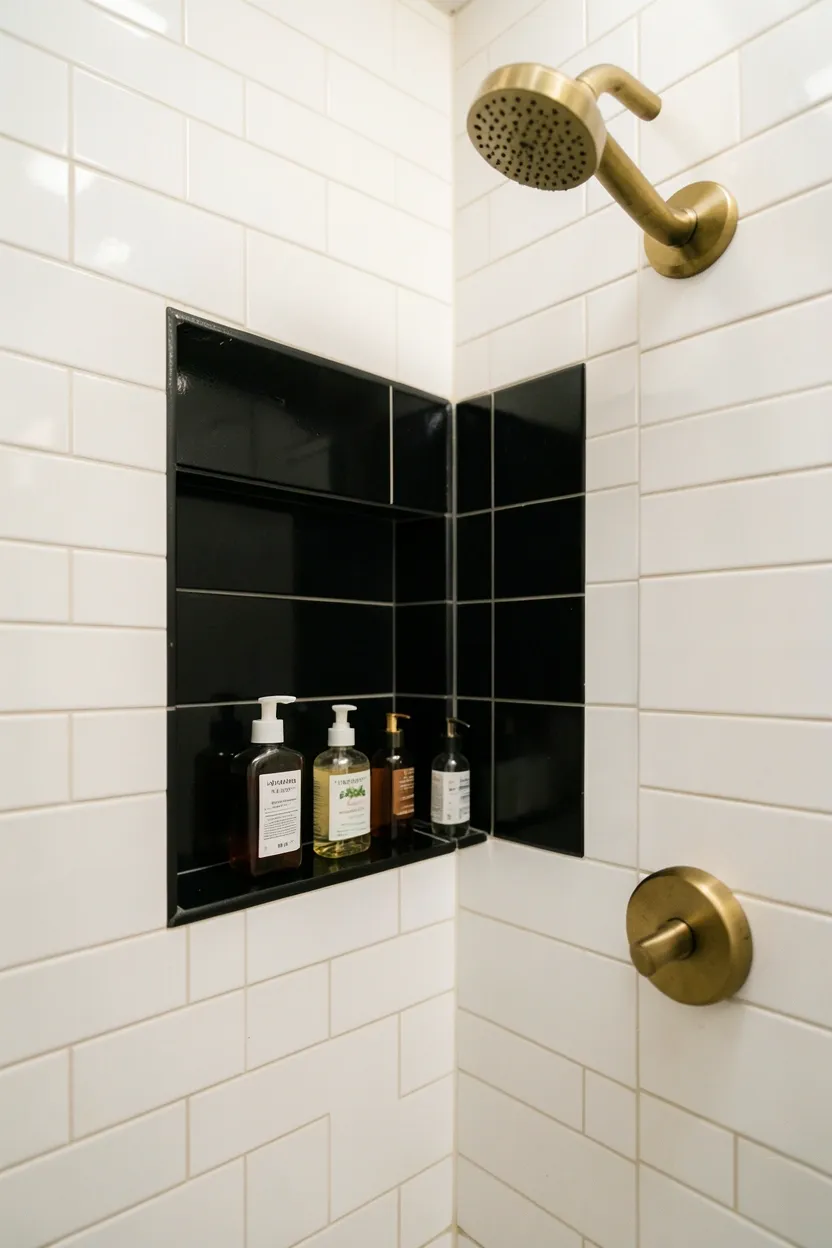 Black tiled recessed shower niche with matte finish contrasting white surrounding shower wall — functional storage design for a rental bathroom