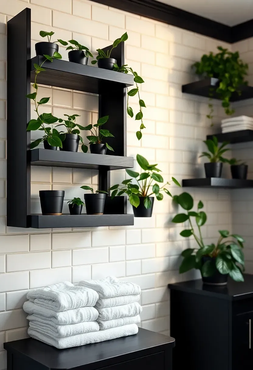 Matte black floating shelves with trailing pothos and small ferns styled in a bright rental bathroom