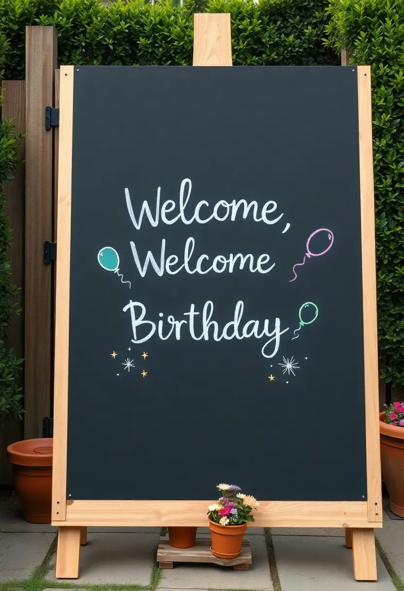 A large chalkboard welcome sign on a wooden easel at a backyard entrance reading Happy Birthday with hand-drawn decorations