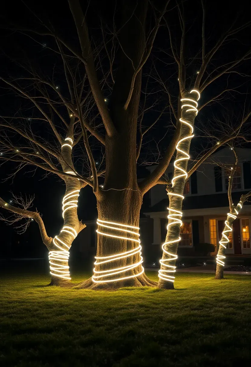 Hyper-realistic night exterior shot of front yard featuring three deciduous trees wrapped with warm white LED lights in spiral patterns. Central large oak tree (approximately 40 feet tall) has tight even spiral wraps from base to lower branches. Two smaller birch trees on either side have complementary wrapping style showing lighter bark. Bare branches create sculptural silhouettes against dark sky. Front yard includes manicured grass with light frost, house facade blurred in background. Materials: oak bark, birch bark, LED lights, grass. Warm white light glow (2800K) creating upward movement and vertical emphasis, magical winter mood, medium-wide composition showing tree cluster as focal point, rule-of-thirds placement. No text logos watermarks.</p>