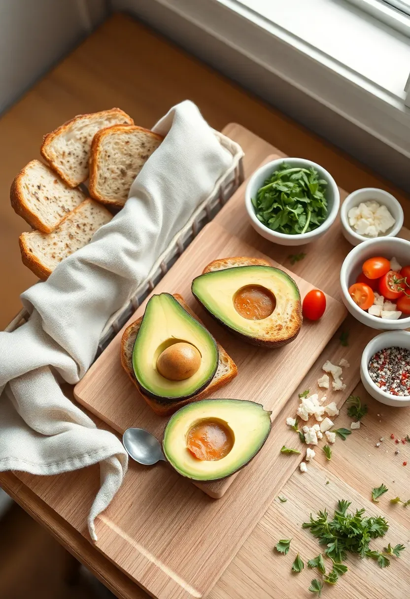 build your own avocado toast bar at baby shower with sliced sourdough ripe avocado halves poached eggs microgreens cherry tomatoes and everything seasoning