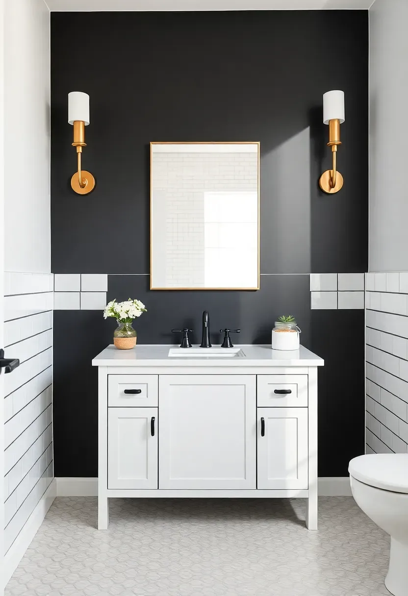 Dramatic black accent wall behind white floating vanity and round mirror — bold contrast in modern black and white bathroom