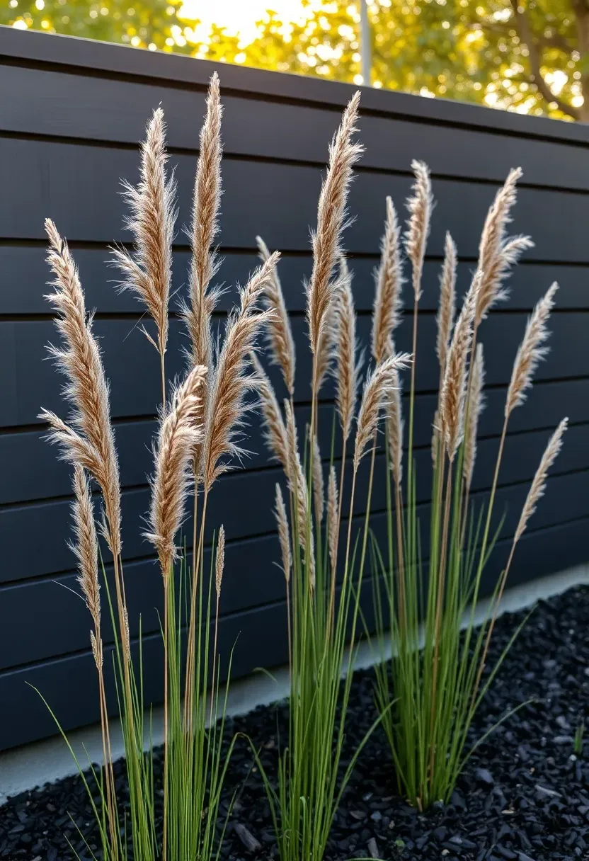 Ornamental grasses planted in a row along a modern fence creating a natural privacy screen with feathery plumes swaying in breeze