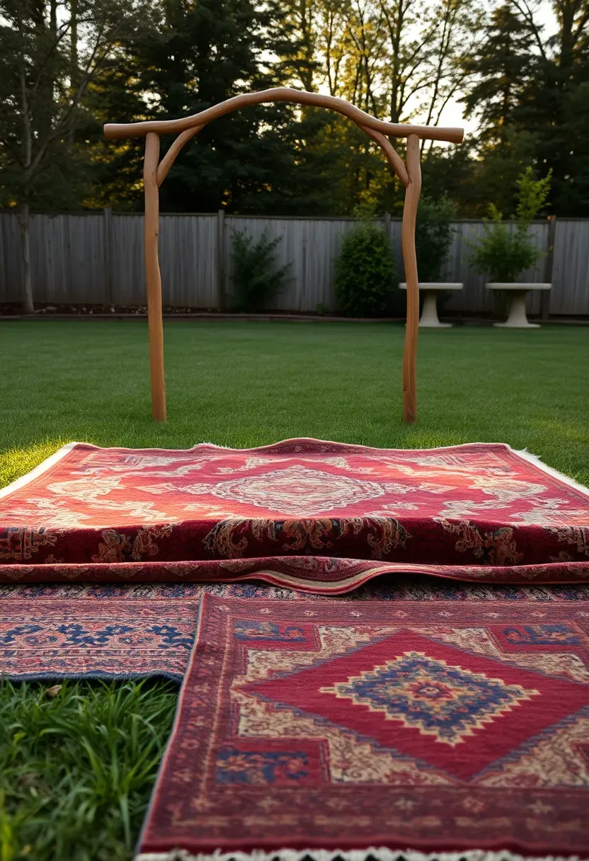 A layered arrangement of vintage Persian and kilim rugs creating an altar area on a backyard lawn with a simple wooden arch behind