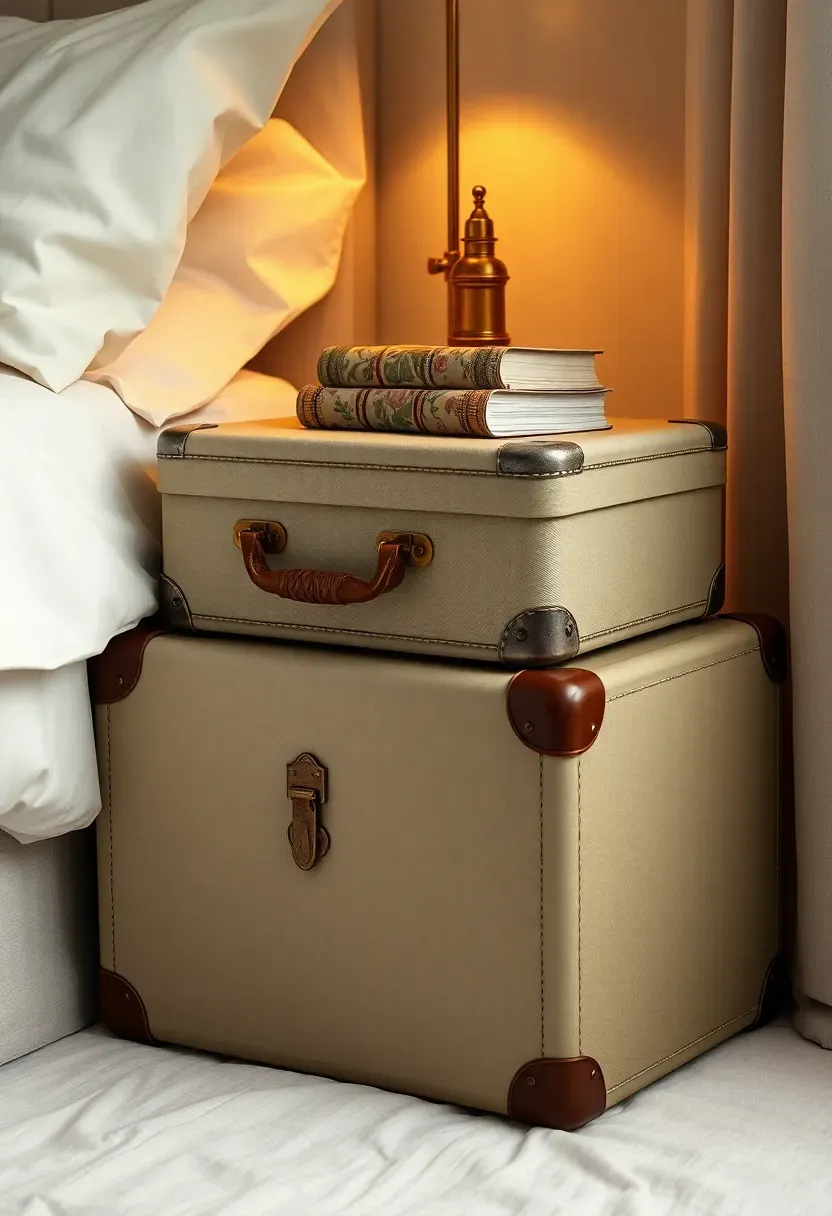 Upcycled vintage suitcase used as a nightstand stacked on a small stool beside a bed with white shabby chic bedding