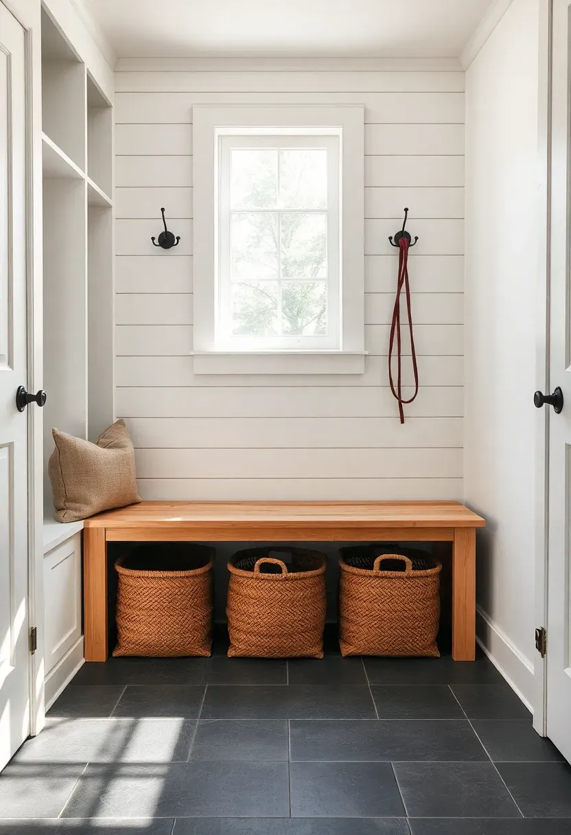 Farmhouse-style mudroom entryway with built-in cubbies, shiplap walls, iron hooks, a wooden bench with storage baskets underneath