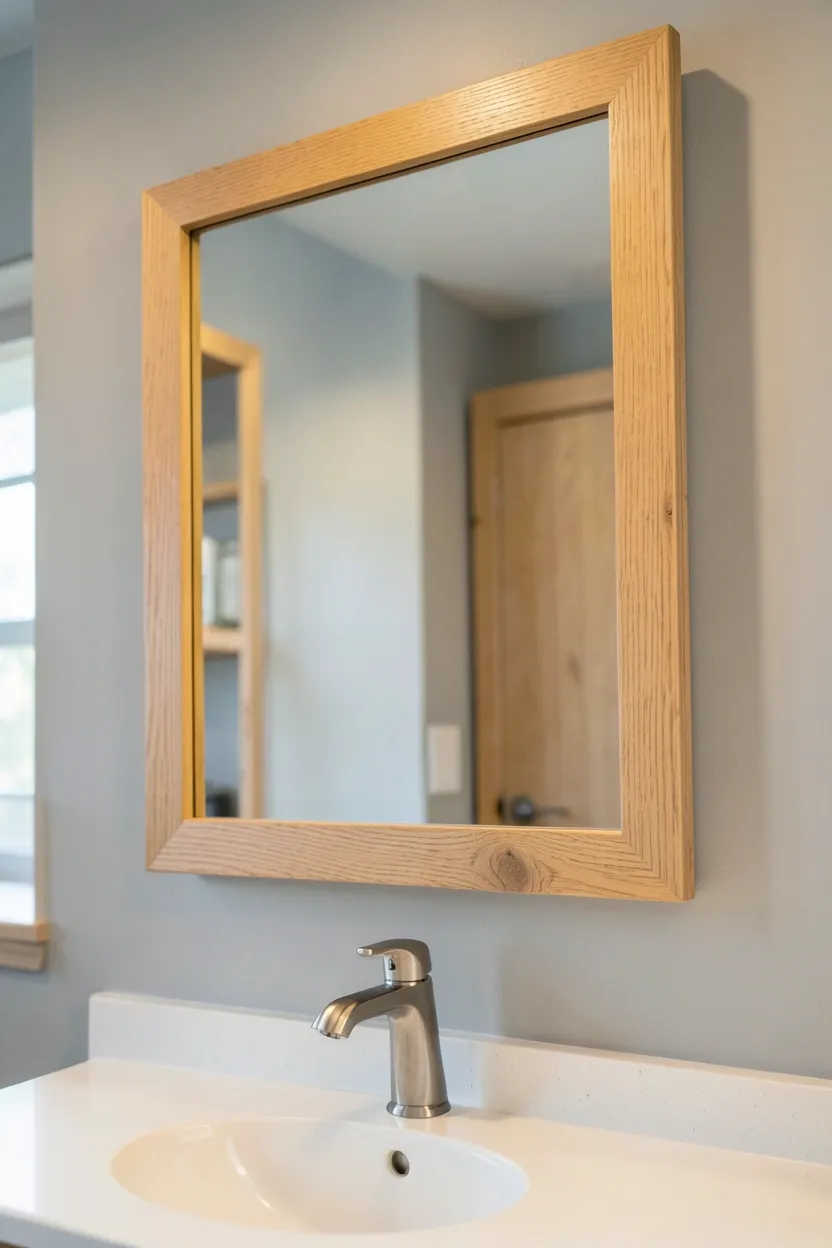 Gallery wall of ocean-themed blue art prints in white frames above bathroom toilet in a small rental apartment