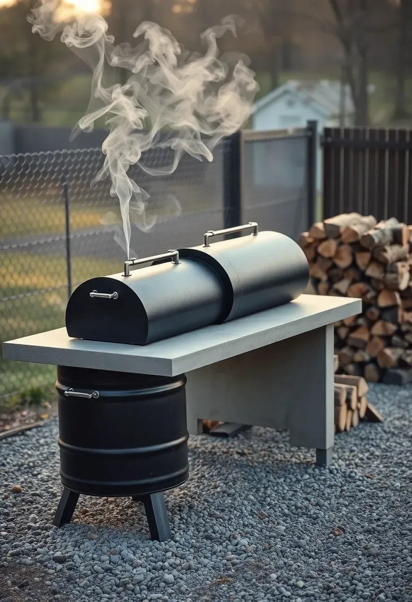 Offset smoker pit with a long horizontal barrel next to a concrete prep counter in a gravel backyard area