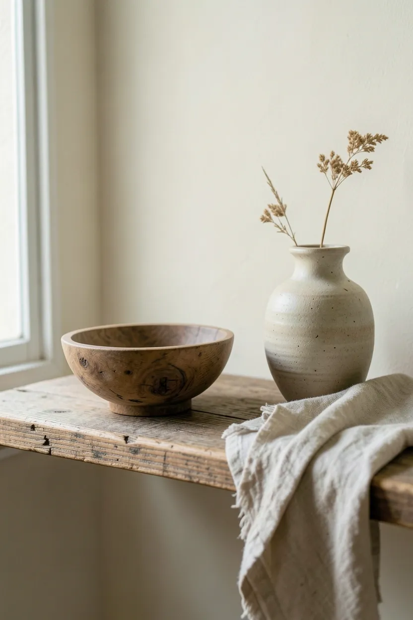 Cozy wabi-sabi reading nook with worn linen throw, handmade wooden stool, and small ceramic cup on a natural fiber rug