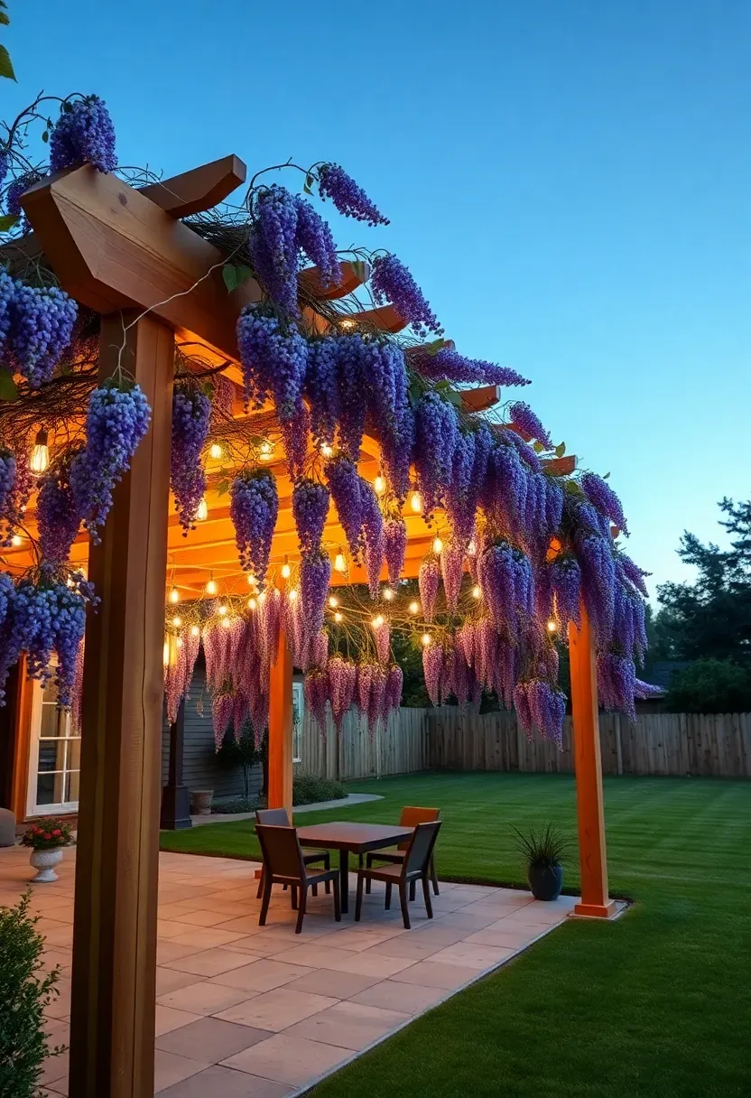 Backyard with a freestanding pergola running across the middle of the yard creating two distinct spaces with climbing wisteria on the structure and string lights overhead