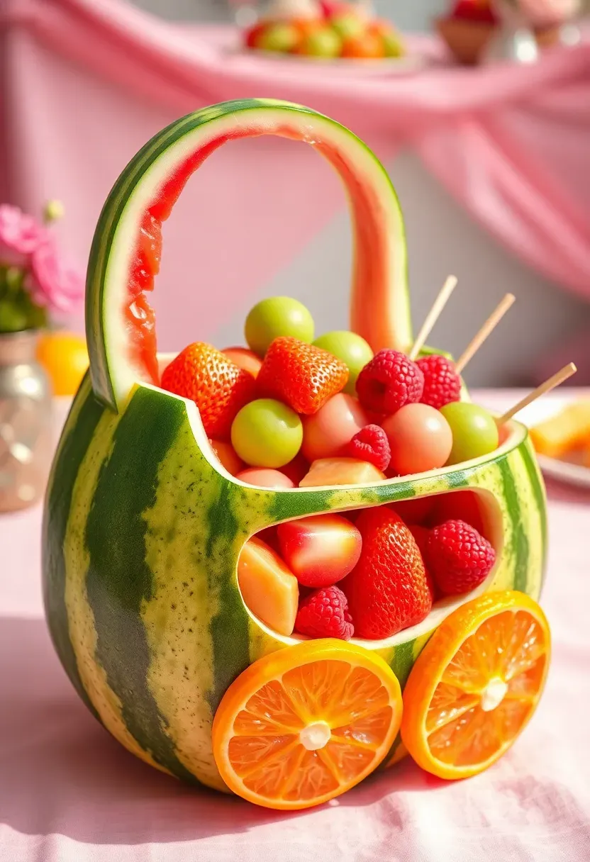 watermelon carved into a baby carriage shape filled with assorted fresh fruit balls for a girl baby shower centerpiece