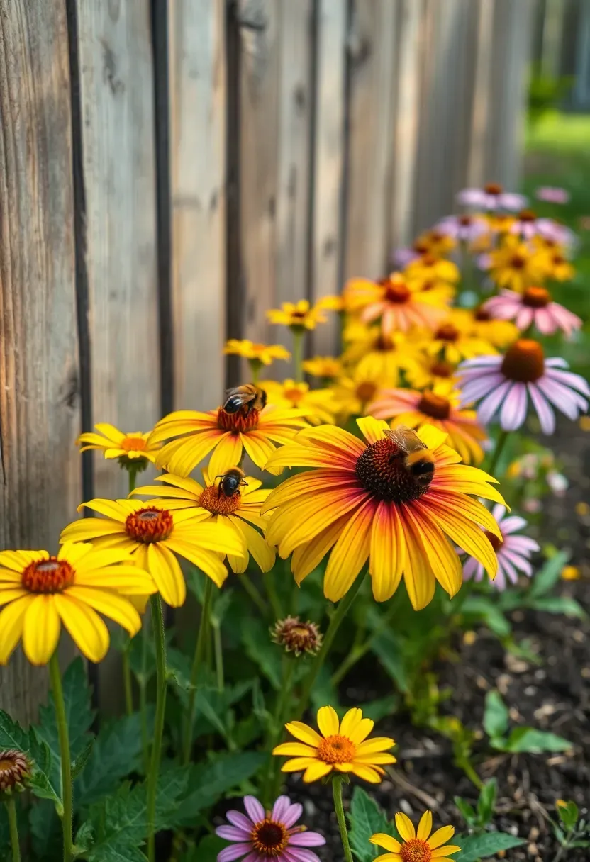 Vibrant native wildflower prairie strip along a backyard fence with black-eyed Susans, coneflowers, and wild bergamot buzzing with pollinators
