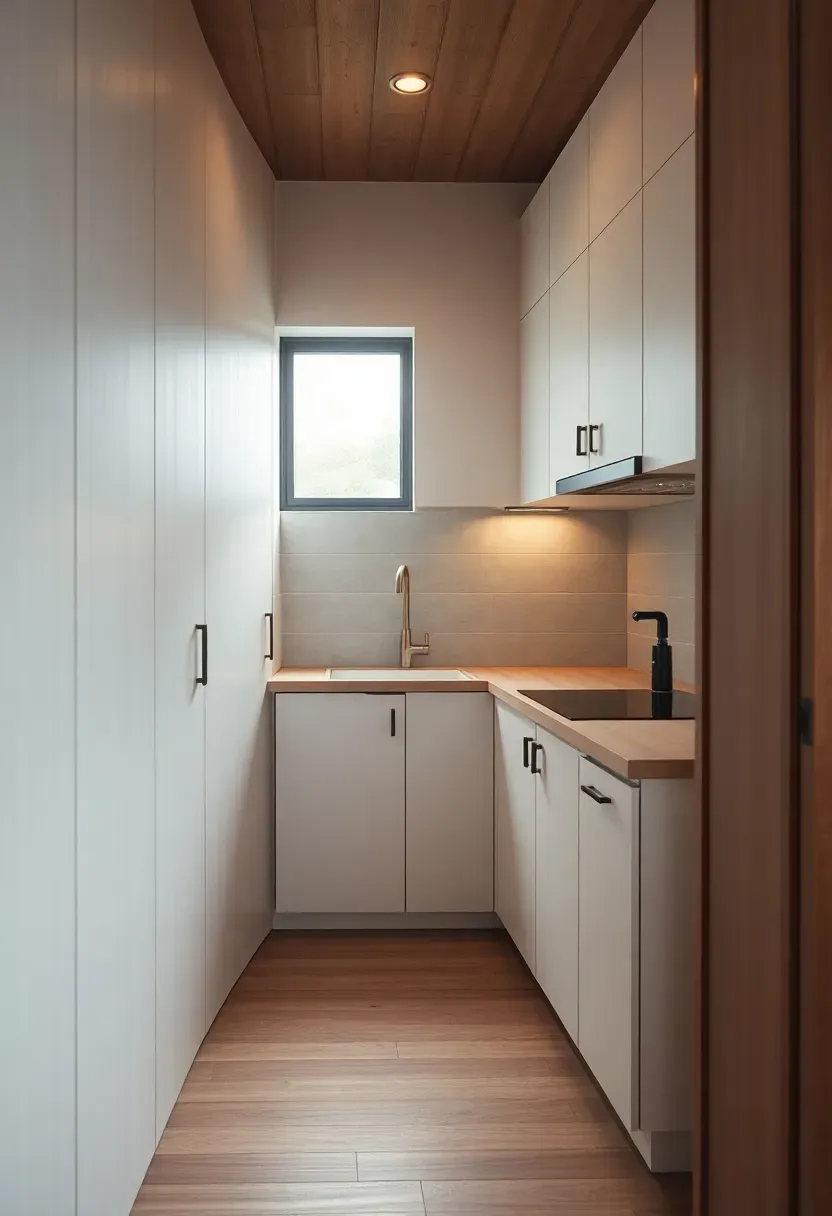Hyper-realistic straight-on view of hidden kitchen in Japanese tiny house. Bi-fold doors closed to conceal kitchen, appearing as seamless wall paneling. One door partially open to reveal compact sink, induction cooktop, upper cabinets. Materials: white lacquer cabinetry, light wood countertops, gray backsplash, wood floor. Ambient light from nearby window, highlighting seamless cabinet fronts. Shallow depth of field showing cabinet details and partially revealed kitchen. Minimalist Japanese kitchen with hidden functionality mood.</p>