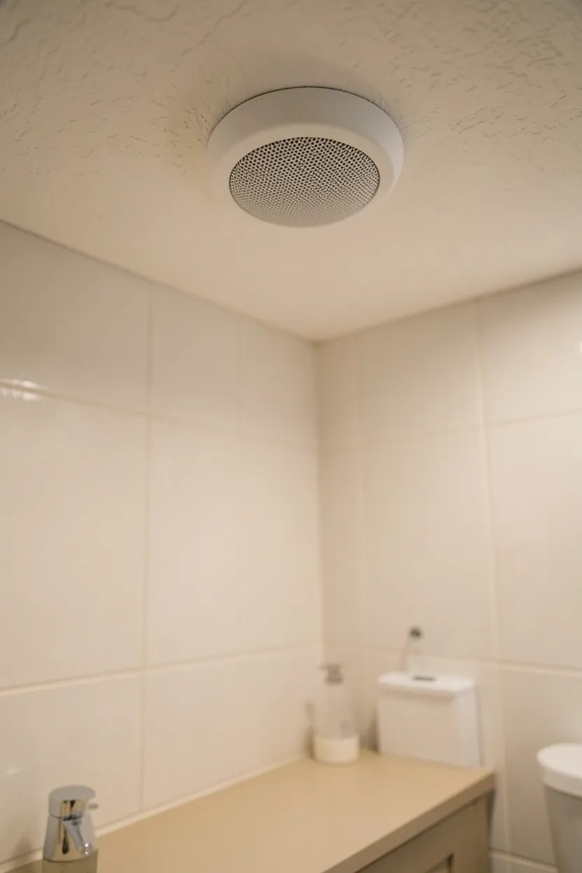 Ceiling-mounted waterproof speaker integrated into a modern bathroom ceiling for ambient audio
