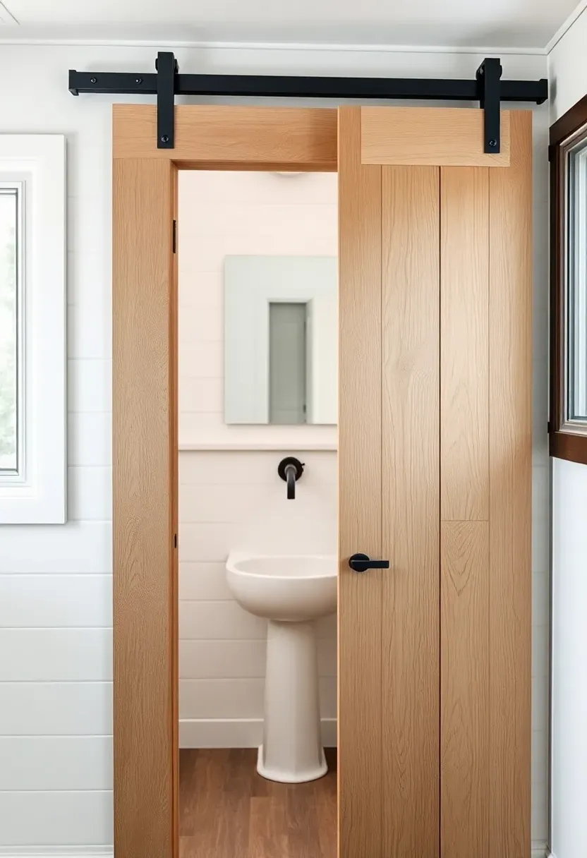 Hyper-realistic 3/4 view of tiny house bathroom with reclaimed white oak sliding barn door on exposed black steel track. Materials: weathered wood planks with visible grain, matte black metal hardware, white shiplap wall. Soft diffused light from nearby window. Door partially open revealing bathroom interior with white vessel sink. Minimal industrial aesthetic with clean lines. Shallow depth of field, sharp wood grain and metal texture. No text, no logos, no watermarks.</p>