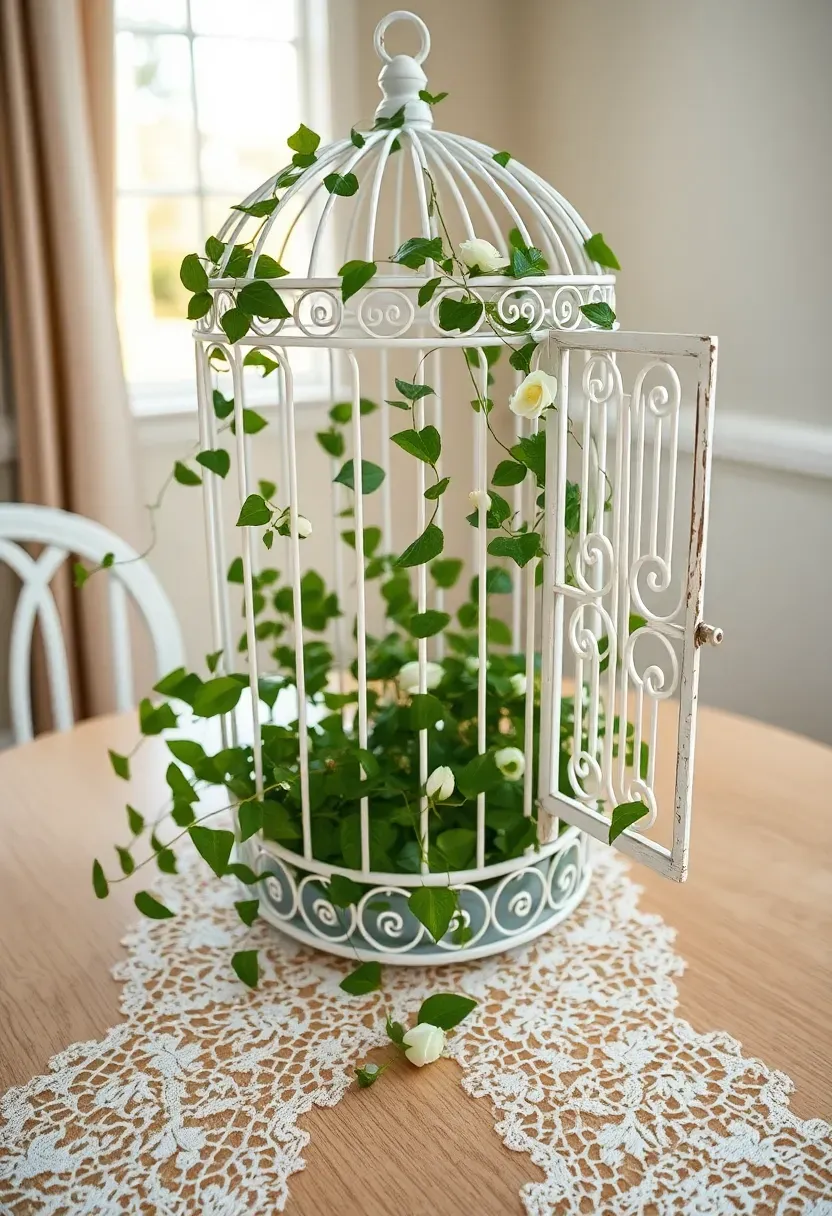 decorative bird cage with trailing vines and spring flowers table centerpiece