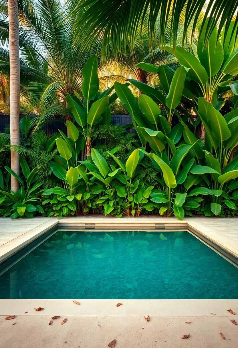 Dense tropical privacy screen of areca palms, giant bird of paradise, and banana plants behind a modern pool with clean coping