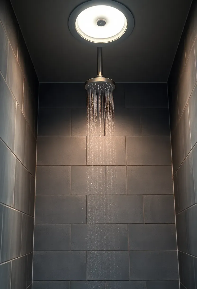 Rainfall shower head with a recessed waterproof LED downlight installed in the ceiling of a tiled walk-in shower