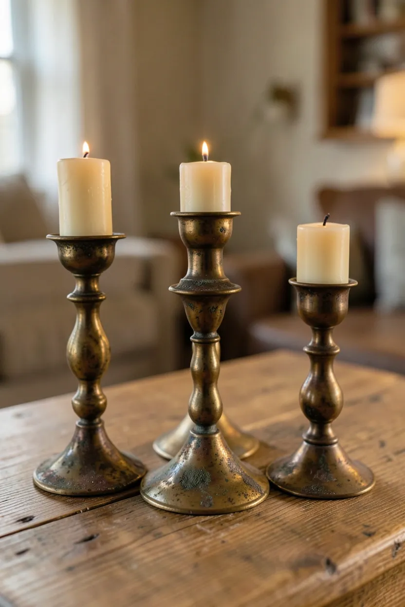Group of aged brass candle holders with tarnished patina and beeswax candles on a wooden shelf in a wabi sabi living room