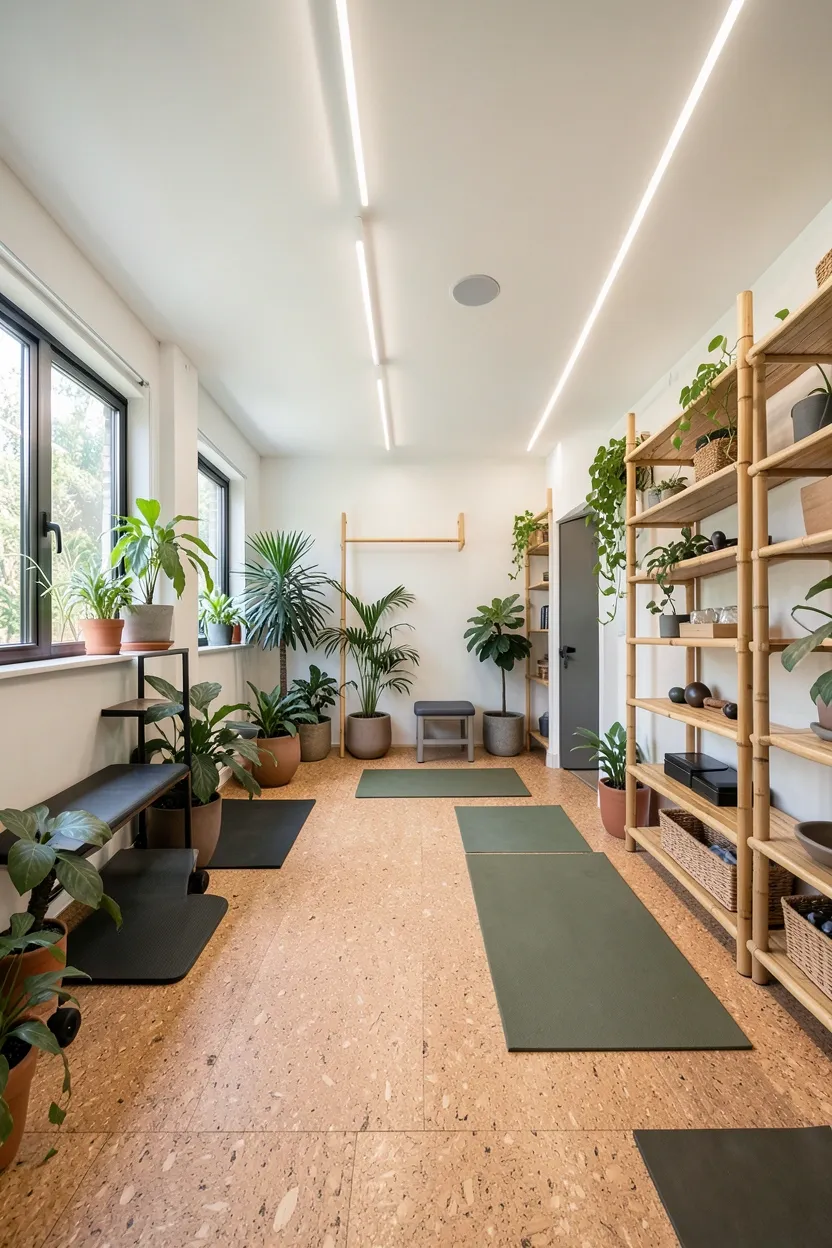 Luxury home gym with natural stone accents, warm wood shelving, aromatherapy diffuser, plush recovery seating area, and soft dimmable lighting for a spa-like atmosphere