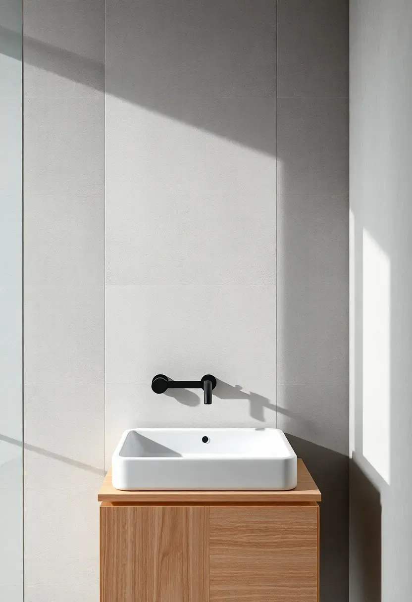 Minimalist bathroom with large-format concrete-look porcelain tile backsplash in light gray behind a wall-mounted faucet and floating vanity
