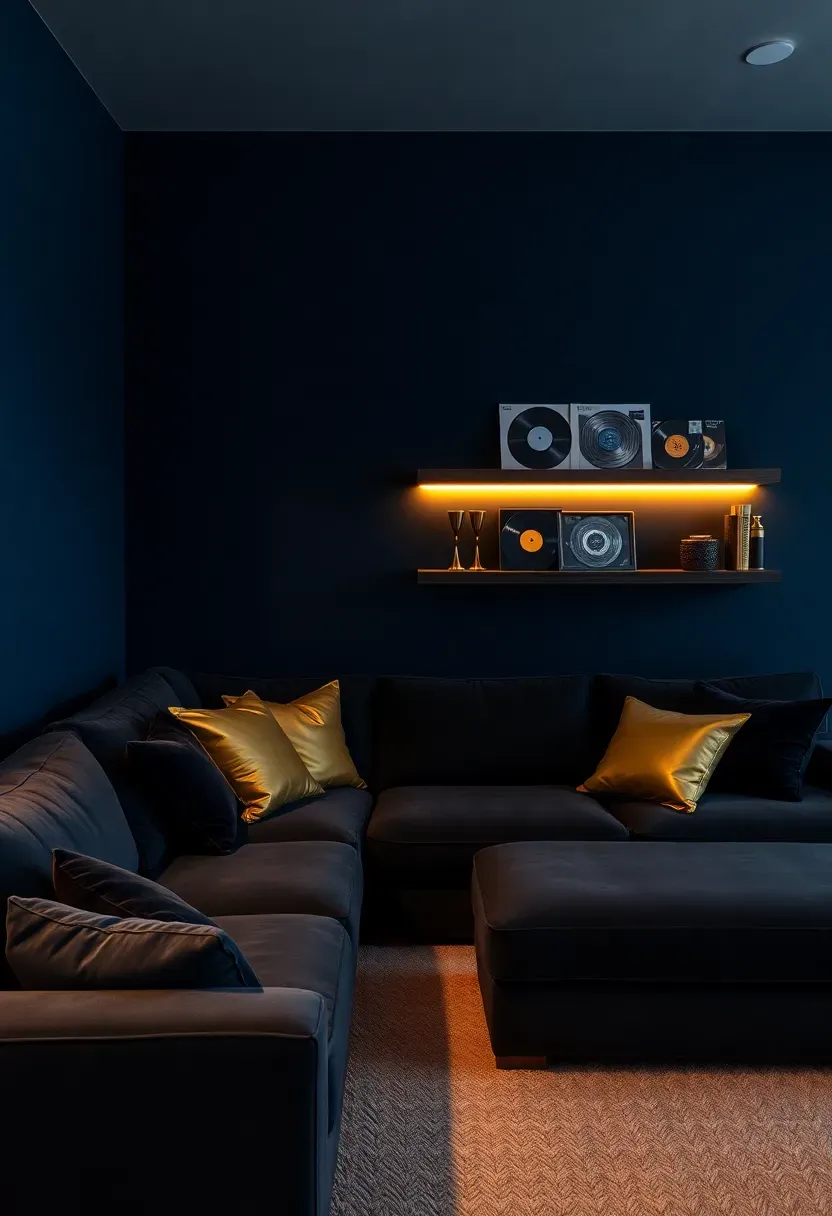 moody basement entertainment room with midnight navy walls and metallic accents