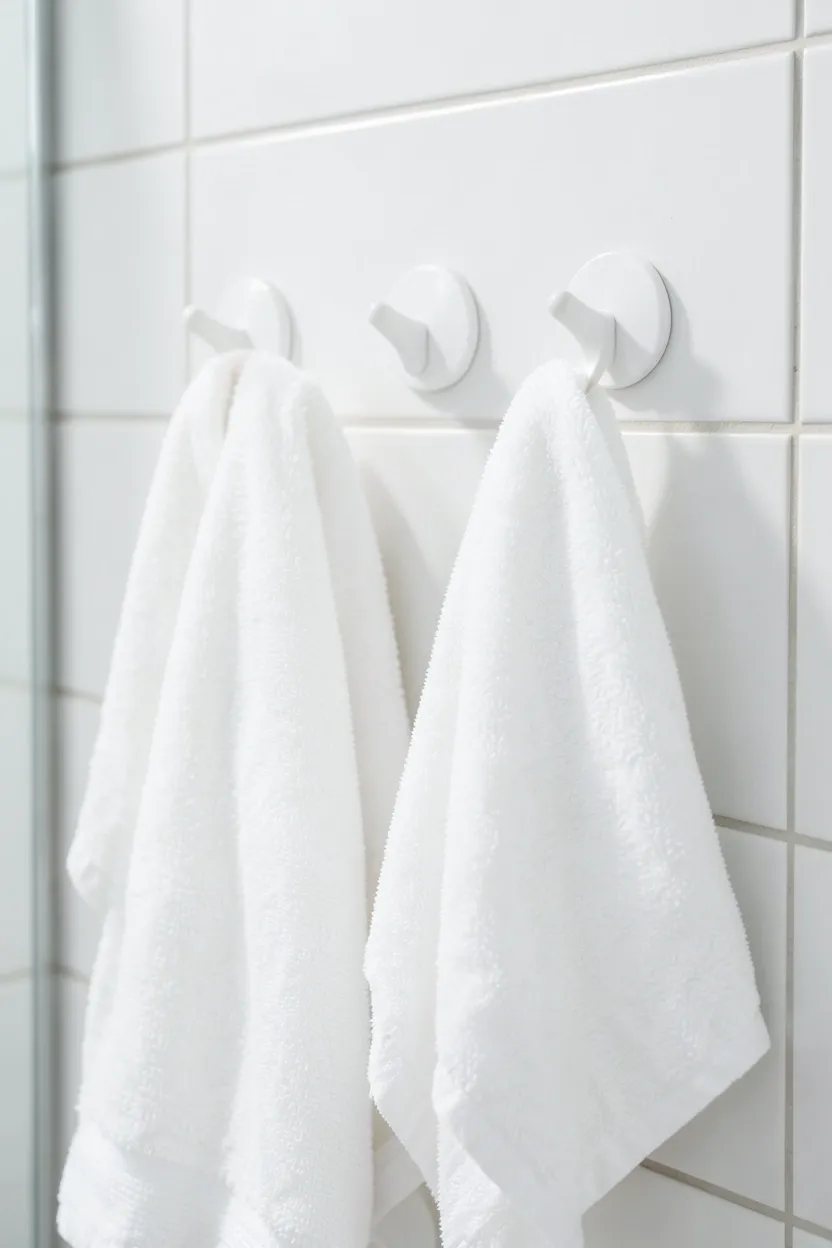 Row of brushed metal removable adhesive hooks holding towels on a rental bathroom wall — Command hook no-drill idea