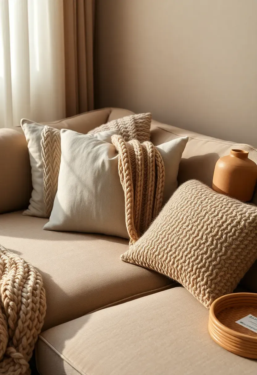 living room sofa styled with layered cushions in linen, bouclé, and velvet alongside a chunky knit throw and ceramic side table