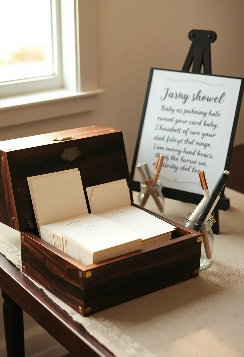 baby shower time capsule activity table with a decorated wooden box, blank cards, envelopes, and pens for guests to write letters to the baby