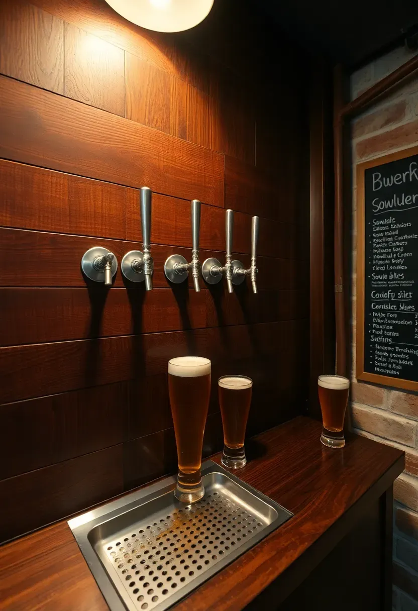Basement brewery wall with row of stainless steel tap handles mounted on a dark wood panel above a trough drain bar counter