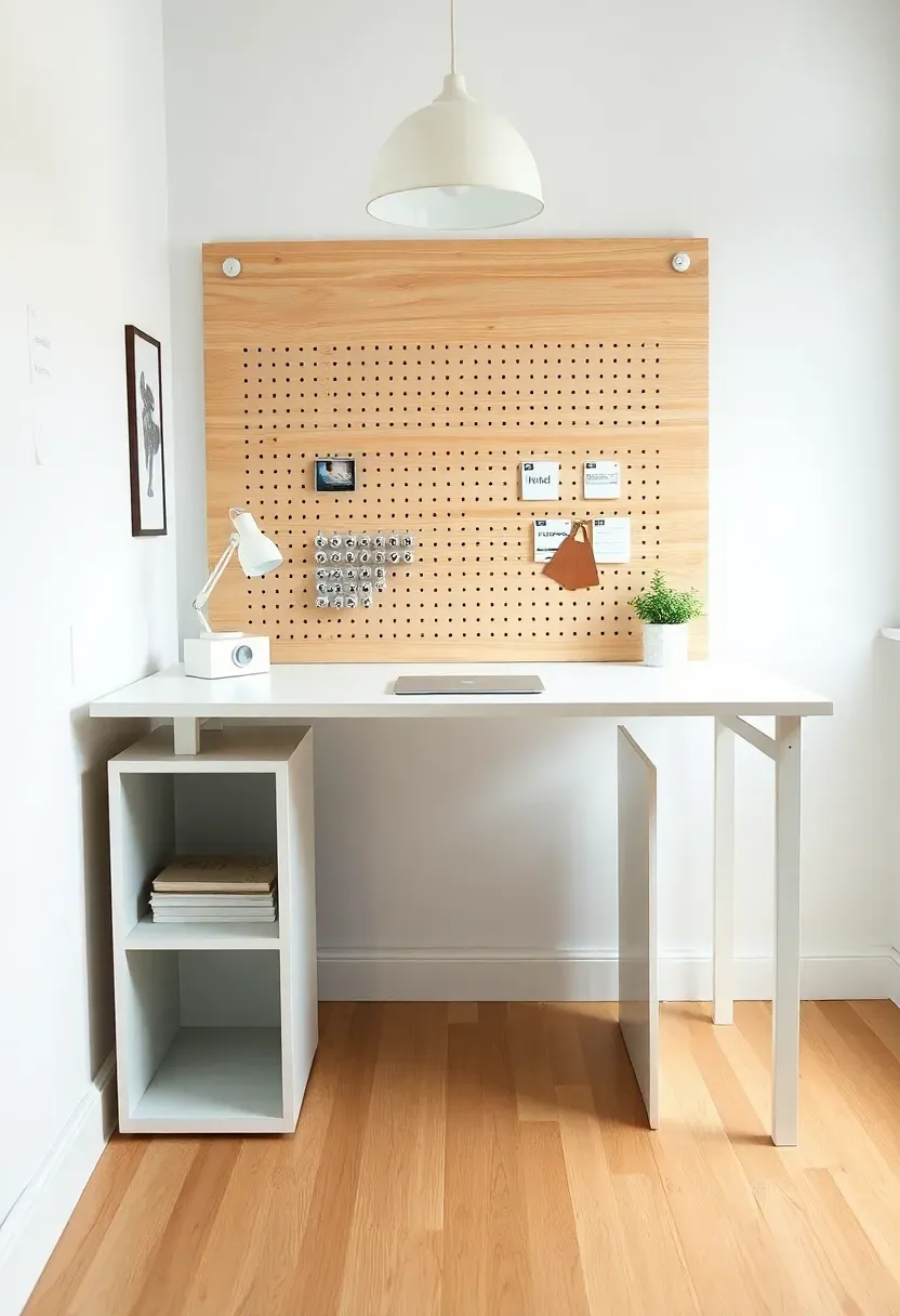 Budget IKEA hack home office with KALLAX unit as desk base, white laminate tabletop spanning across and pegboard on wall behind