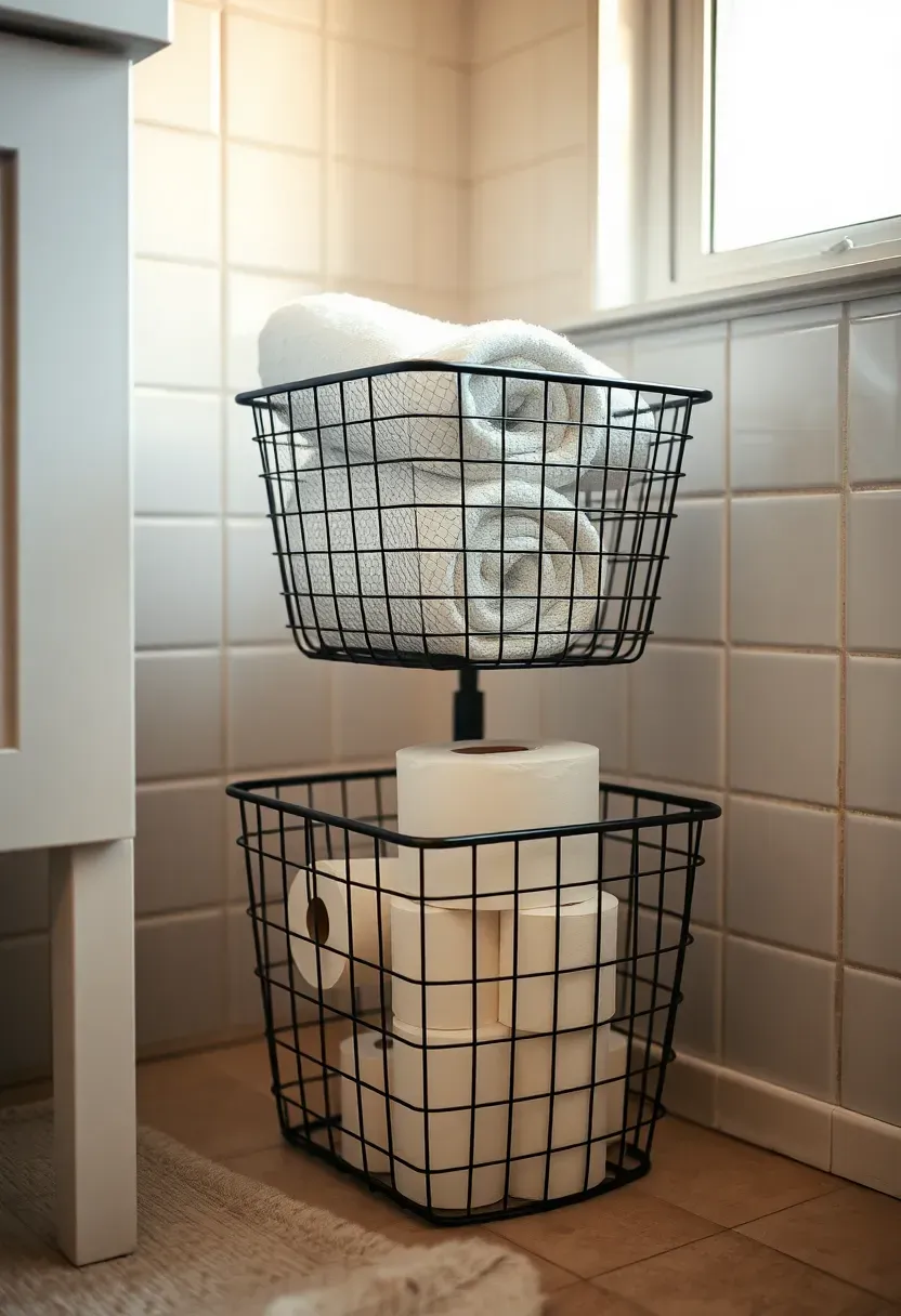 Woven rope baskets on bathroom shelves holding rolled towels and toiletries — budget storage for rental apartments