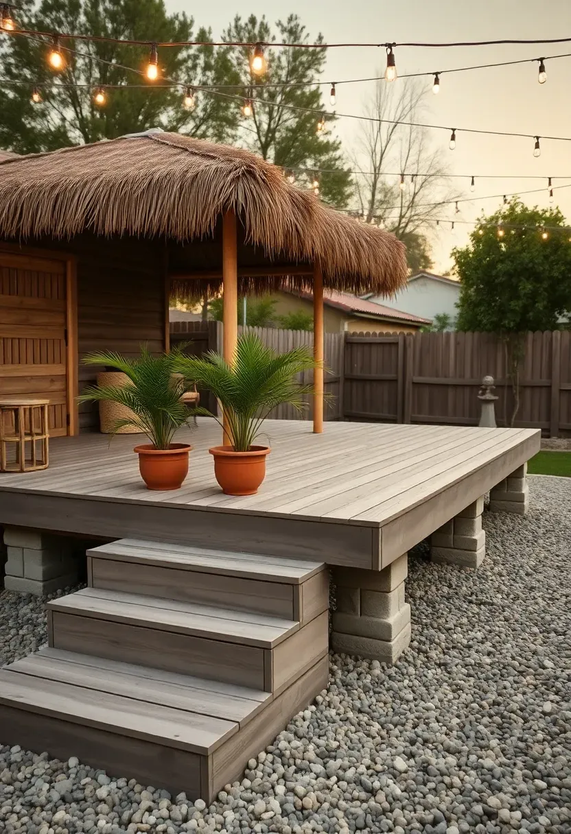 Tiki bar built on a floating wood deck platform over a gravel bed with potted palms and string lights in a backyard