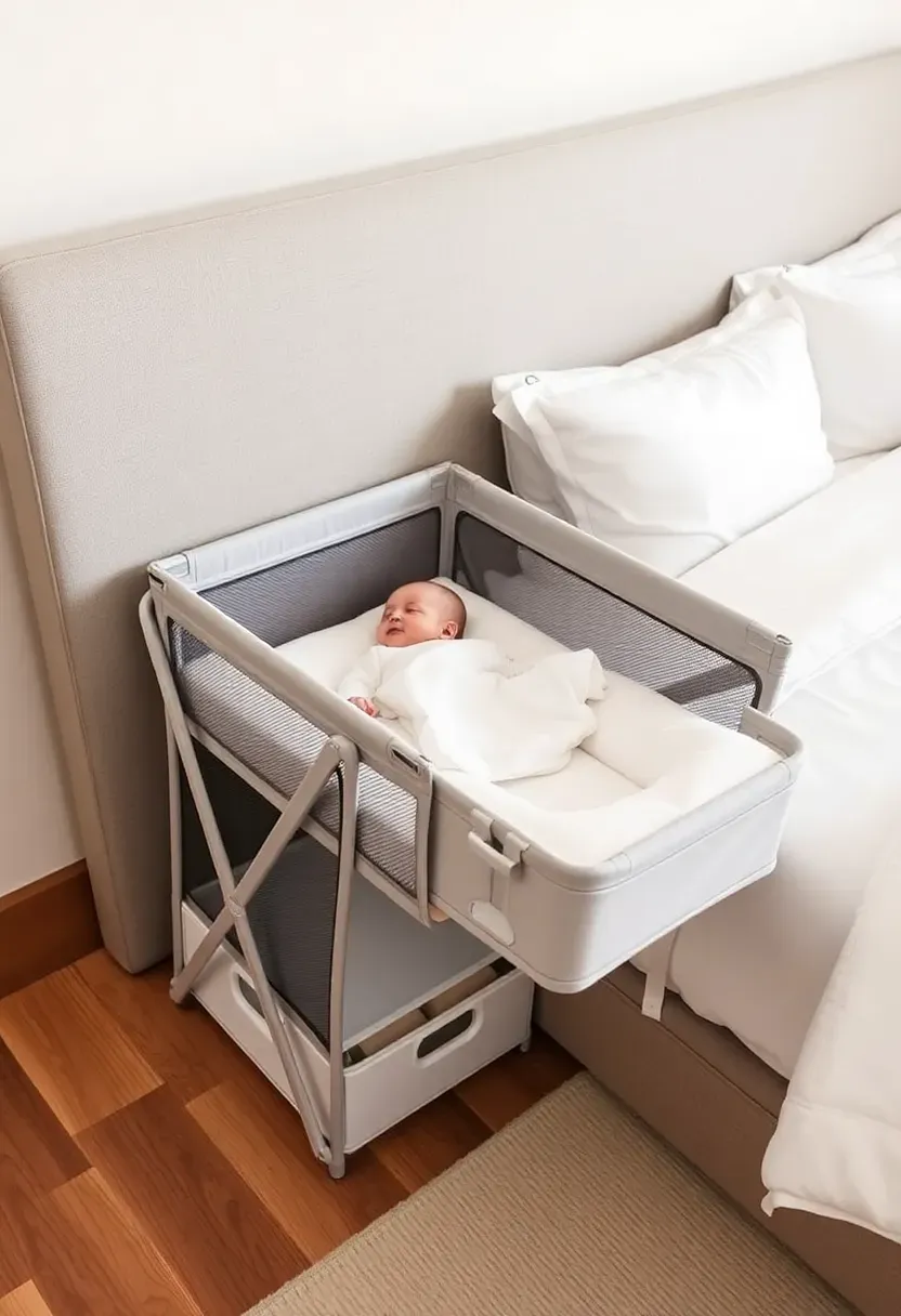 Bedside co-sleeper bassinet attached to parent bed with breathable mesh sides in a neutral-toned small master bedroom rental