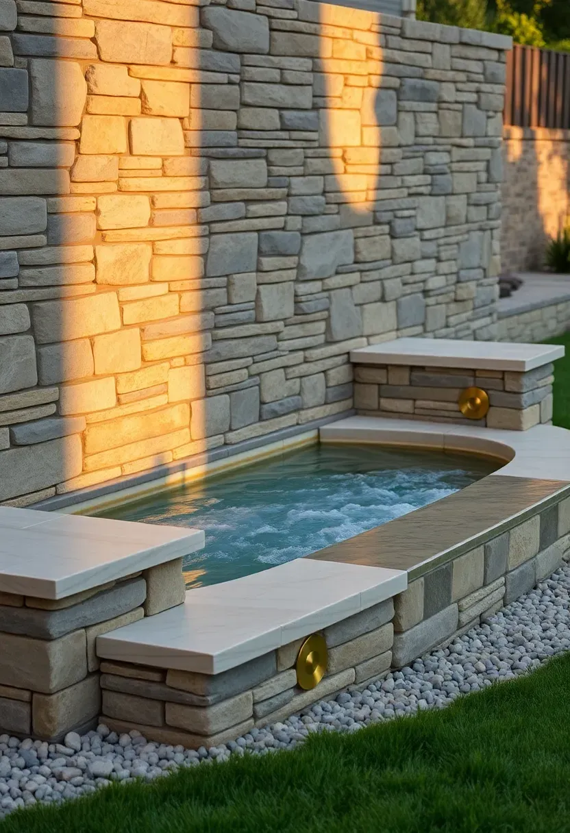 A stacked natural stone half wall about four feet tall around two sides of a built-in hot tub with capstone seating and small landscape lighting at the base