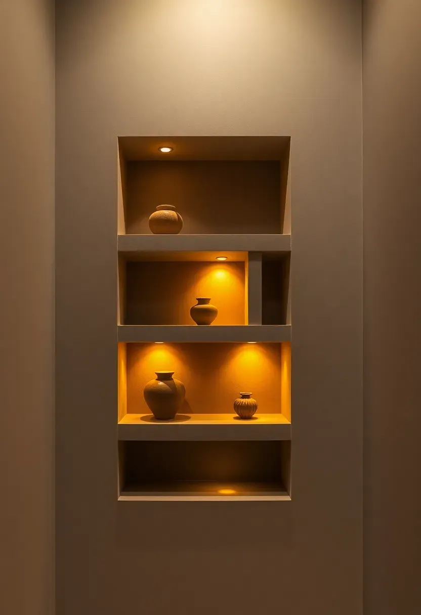 Basement stairwell wall with a series of recessed rectangular niches at staggered heights each containing a small decorative object and illuminated by a warm recessed light