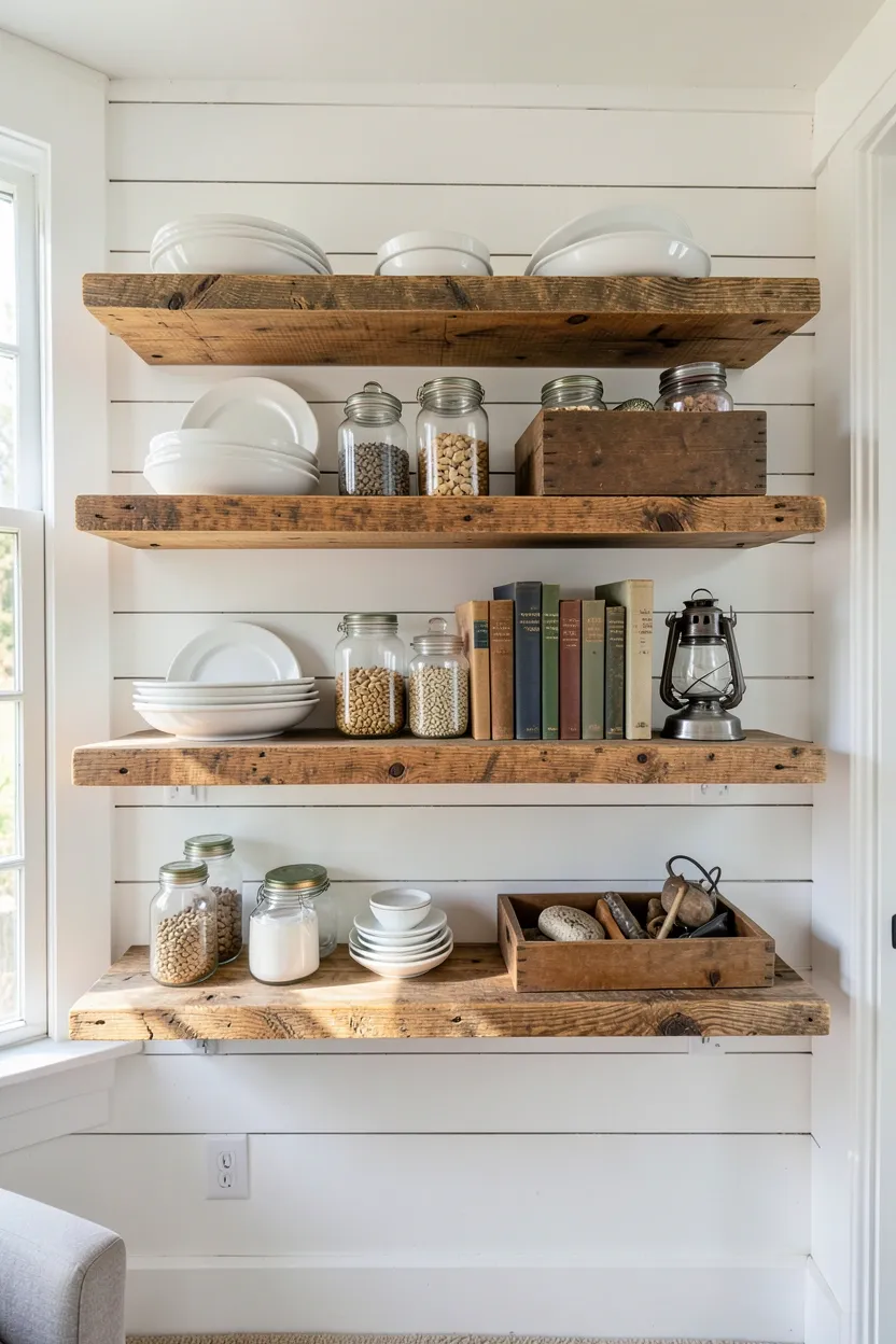 Reclaimed wood open shelves displaying vintage dishware, books, and farmhouse decor accents in a cozy living room