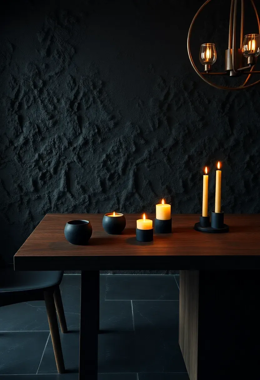 Moody dining room with a volcanic ash texture accent wall in dark charcoal and black with rough granular surface and warm candlelight