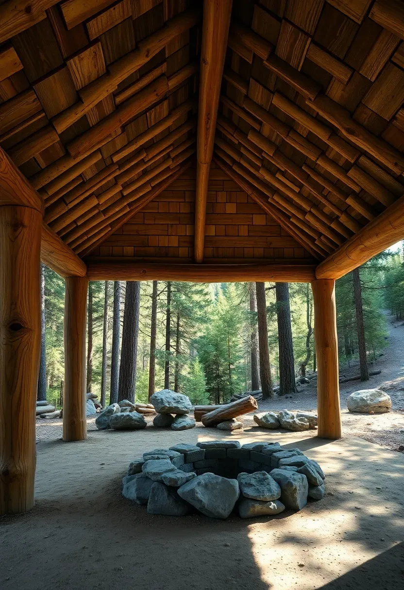 A rustic log pavilion made from peeled round logs with bark accents, a cedar shake roof, and a stone fire ring beneath it in a wooded mountain setting with pine trees