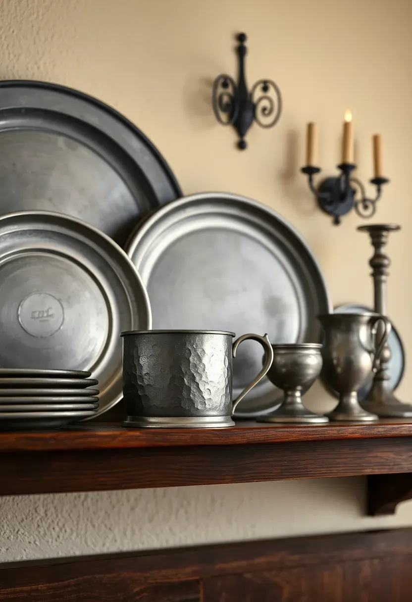 pewter plates mugs and candlesticks displayed on a dark wood colonial shelf