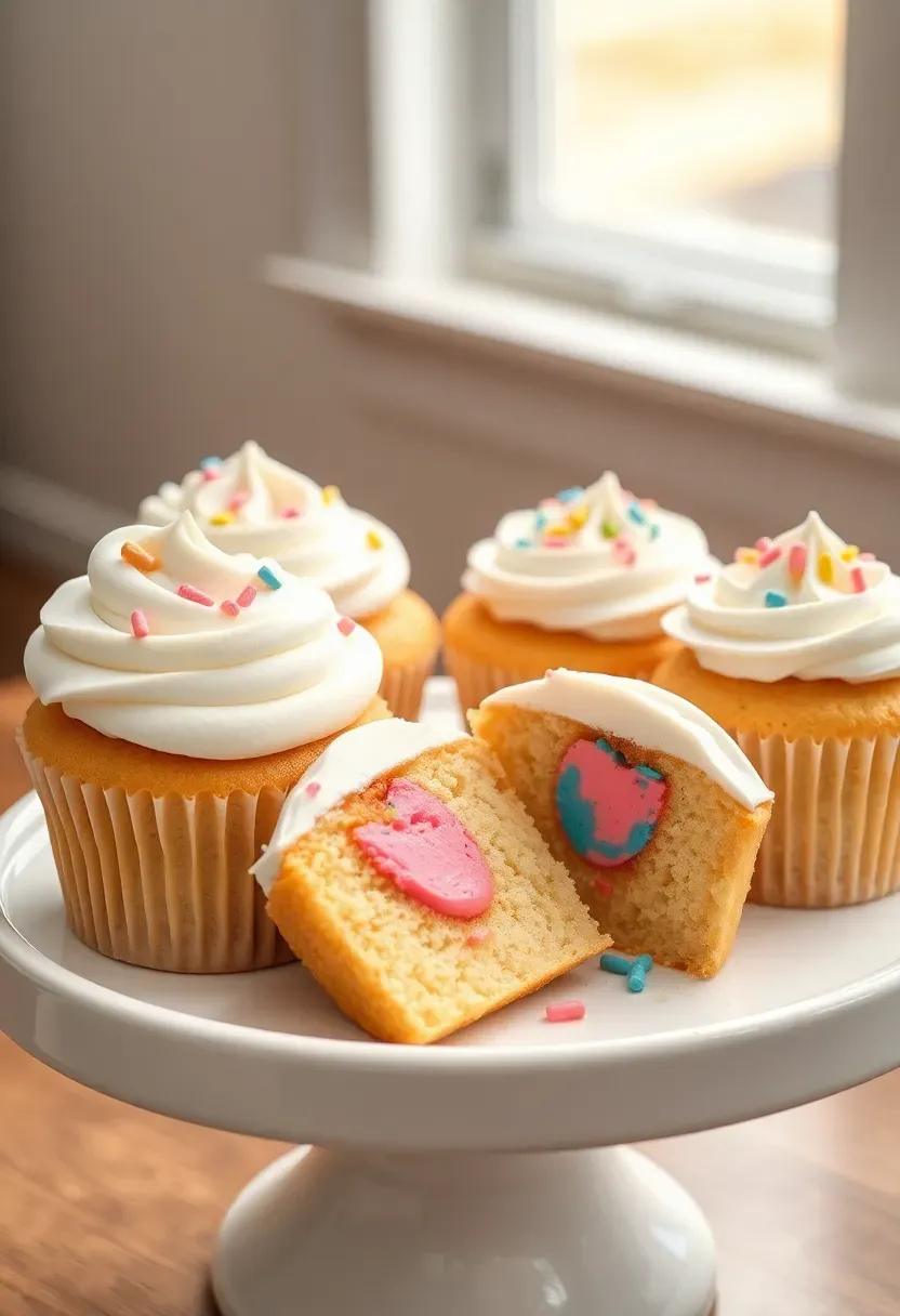 gender reveal cupcakes with white frosting cut open to show pink and blue filling spilling out on a party platter
