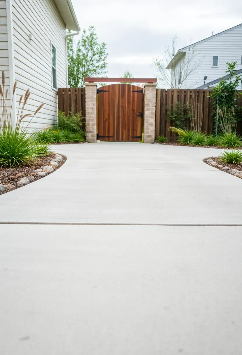 A smooth poured concrete backyard walkway with saw-cut control joints curving gently toward a garden gate
