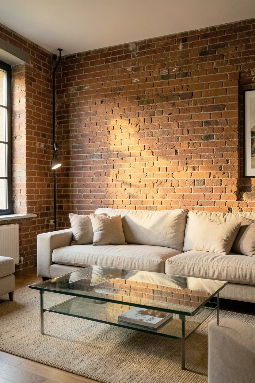 Exposed red brick accent wall behind a streamlined walnut sofa with metal-framed art in a modern rustic apartment living room