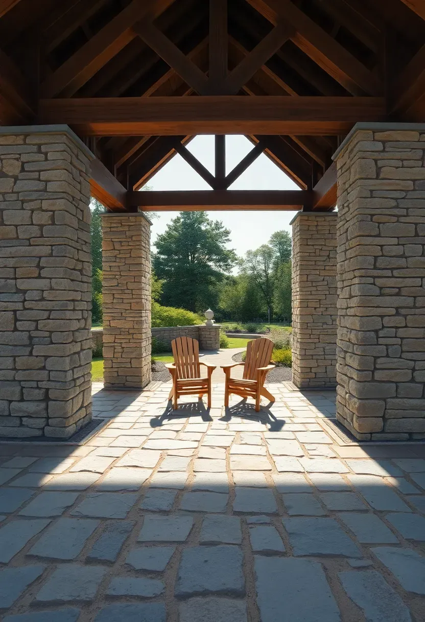 A stone pillar gazebo with four thick fieldstone columns supporting a wooden beam and rafter roof, on a flagstone patio with Adirondack chairs inside