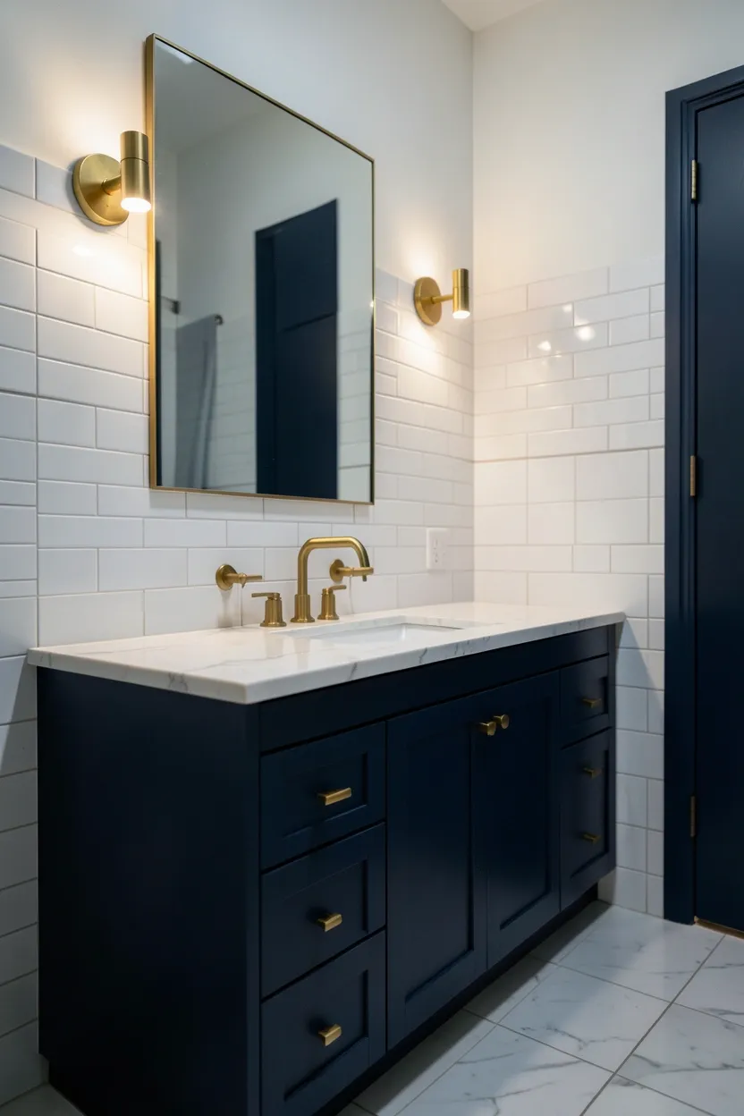 Small apartment bathroom with navy blue lower vanity, brass faucet and cabinet pulls, white upper walls — modern color scheme