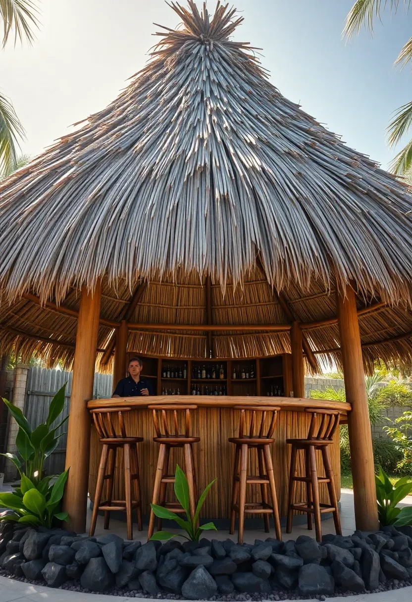 Thatched palapa hut with a round palm-leaf roof over a bar area with stools in a tropical backyard setting