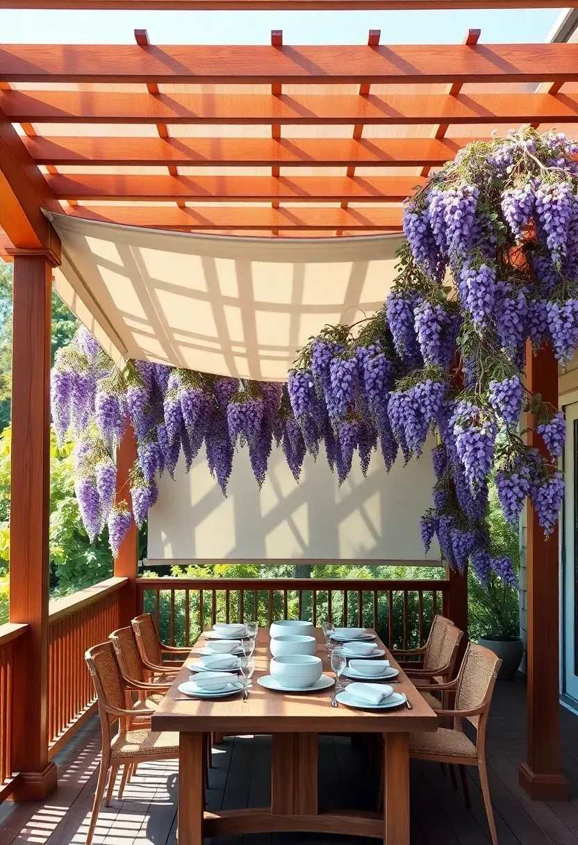 Elegant outdoor deck with a cedar pergola overhead featuring retractable fabric canopy, climbing wisteria vines, and a dining table set for six beneath