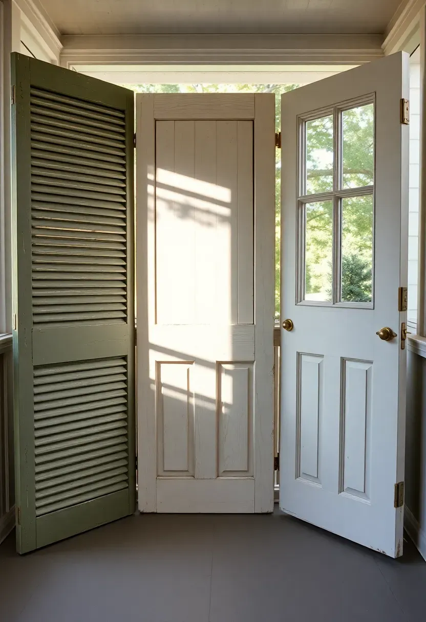 Repurposed painted doors standing as decorative screen panels on a creative budget sun room porch