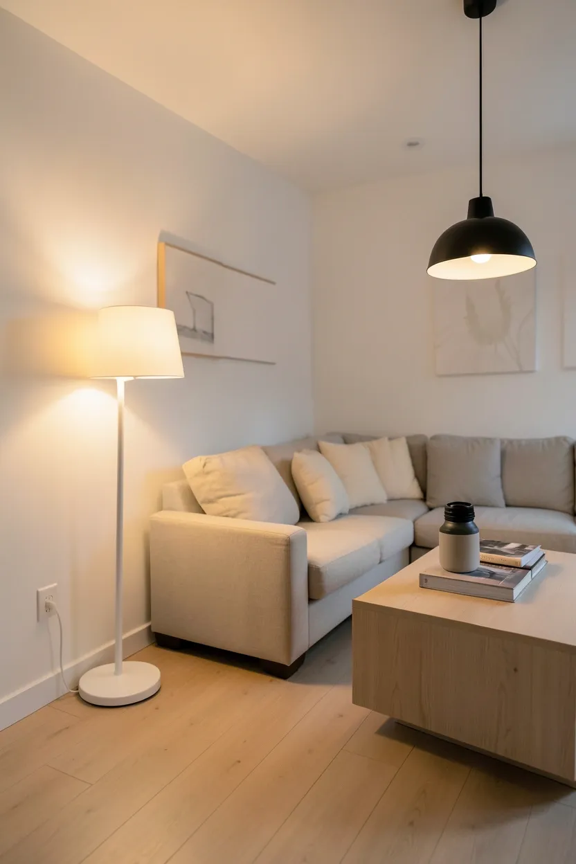 Scandinavian apartment living room at evening with floor lamp, pendant light, and warm ambient glow