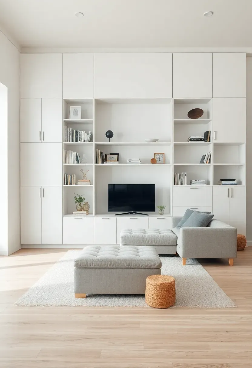 Hyper-realistic wide shot of a Scandinavian living room with built-in storage wall. Floor-to-ceiling white cabinetry blending with walls, lower sections with闭门, upper shelves with curated objects and books. Light gray sofa with storage ottoman in front. Low media console with hidden storage. Light wood floor. Minimal decor, organized aesthetic. Materials: white lacquer, light oak, gray linen, woven baskets. Bright natural light, orderly calm mood. Sharp architectural details, visible room context, no clutter, no text, no logos.</p>